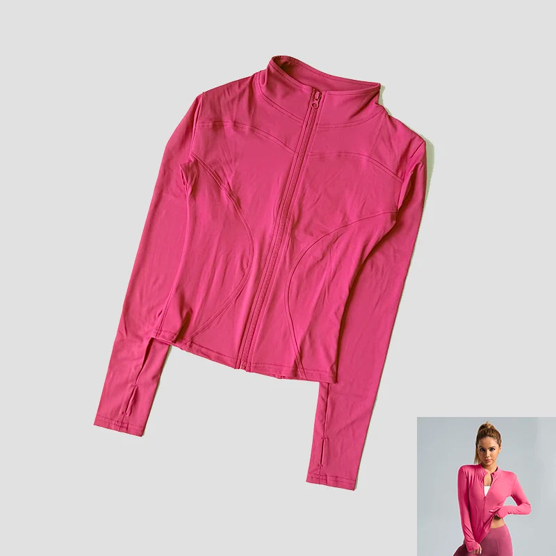 Long Sleeve Fitness Running Shirts For Women Stand Up Collar Gym Clothes Workout Dry Fit Breathable High Elastic Zipper Sports