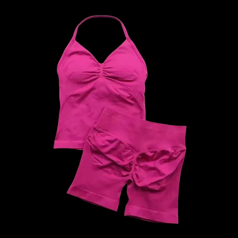 2 Pieces Women  Set Seamless Longline Strappy Tank Top Scrunch Sports Shorts Gym