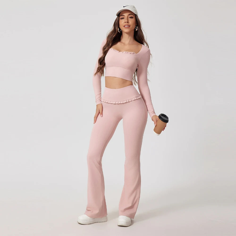 Fashion Ruffles Skinny Sport Flare Leggings Set Women 2 Piece Outfit Casual Long Sleeve Square Neck Suit for Fitness Gym Clothes