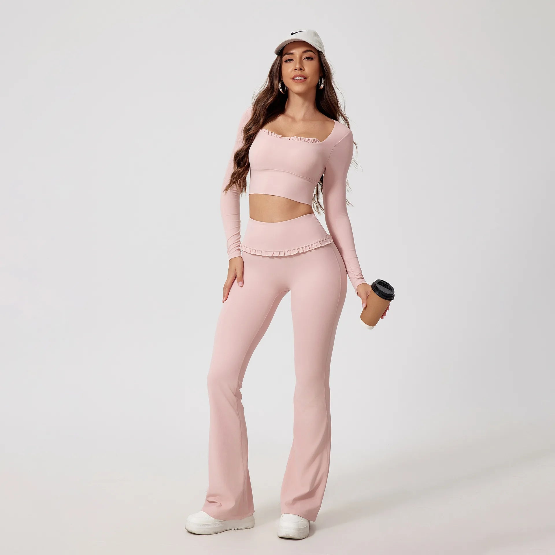 Fashion Ruffles Skinny Sport Flare Leggings Set Women 2 Piece Outfit Casual Long Sleeve Square Neck Suit for Fitness Gym Clothes