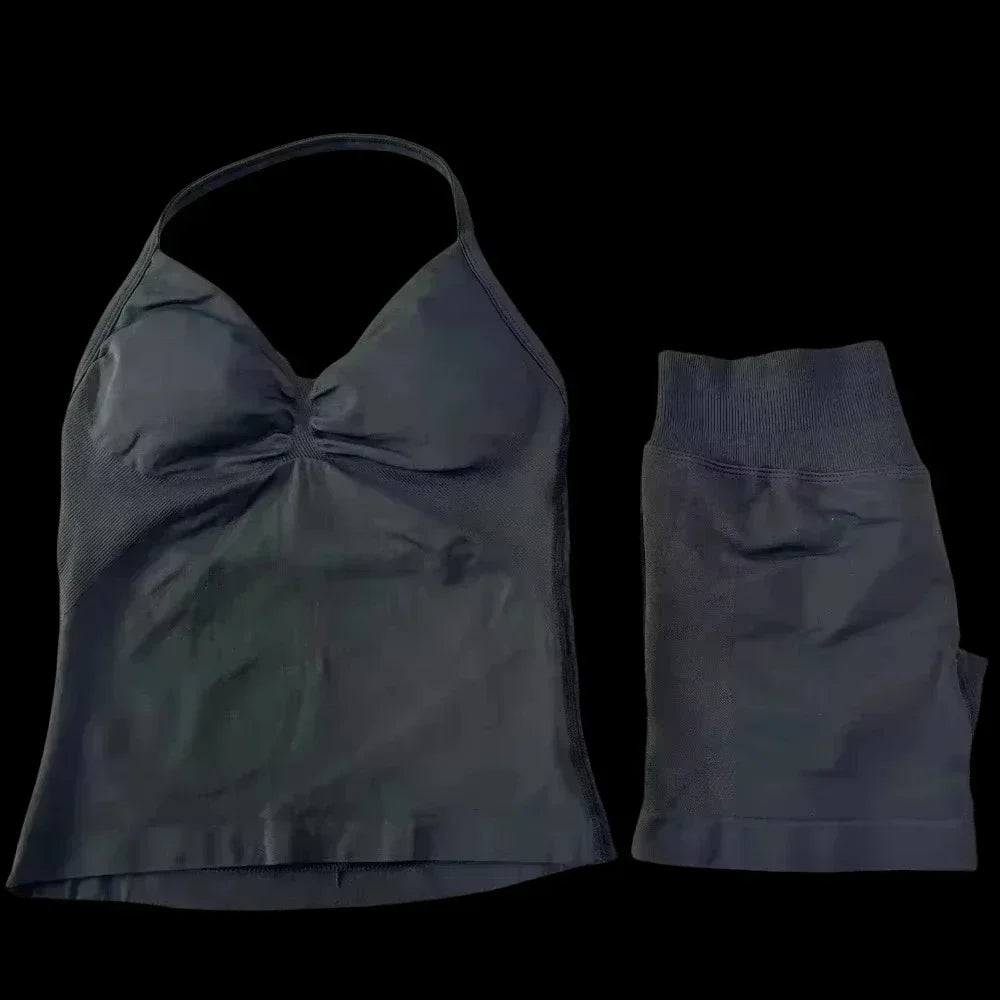 2 Pieces Women  Set Seamless Longline Strappy Tank Top Scrunch Sports Shorts Gym