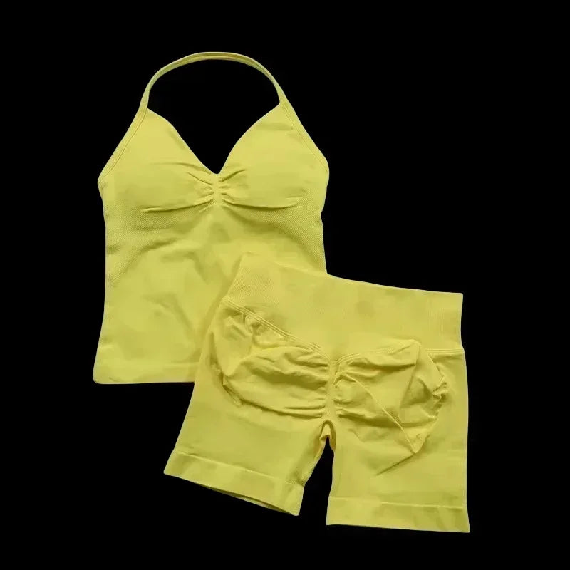 2 Pieces Women  Set Seamless Longline Strappy Tank Top Scrunch Sports Shorts Gym