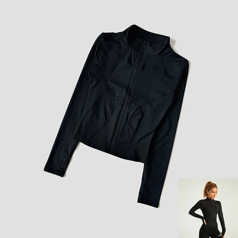 Long Sleeve Fitness Running Shirts For Women Stand Up Collar Gym Clothes Workout Dry Fit Breathable High Elastic Zipper Sports