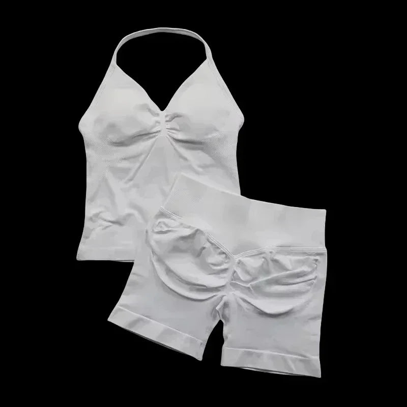 2 Pieces Women  Set Seamless Longline Strappy Tank Top Scrunch Sports Shorts Gym