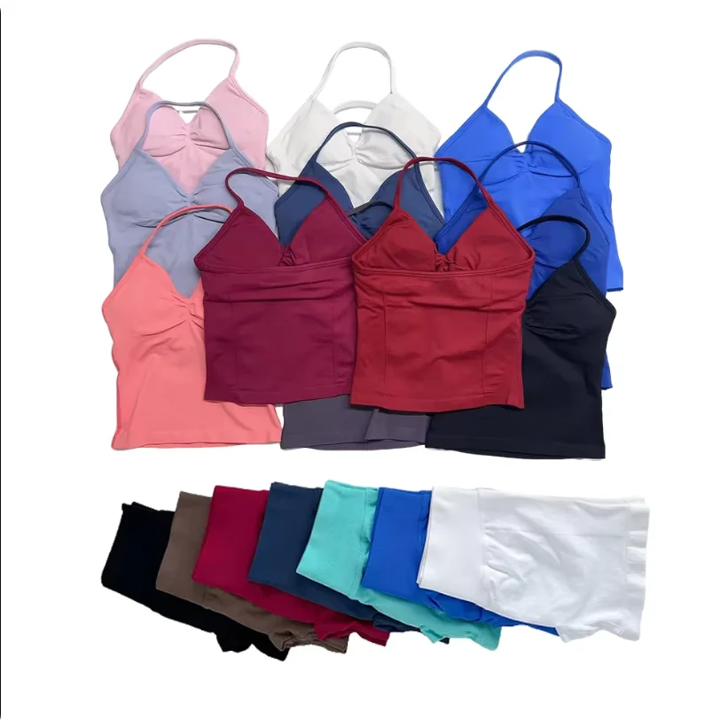 2 Pieces Women  Set Seamless Longline Strappy Tank Top Scrunch Sports Shorts Gym