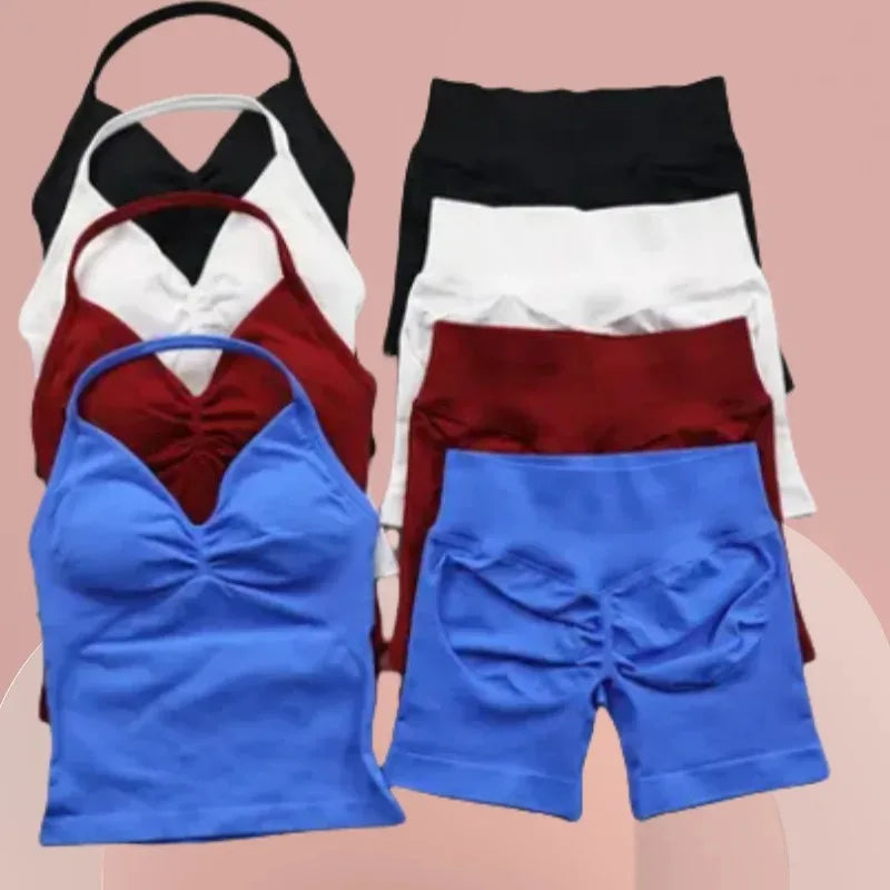 2 Pieces Women  Set Seamless Longline Strappy Tank Top Scrunch Sports Shorts Gym