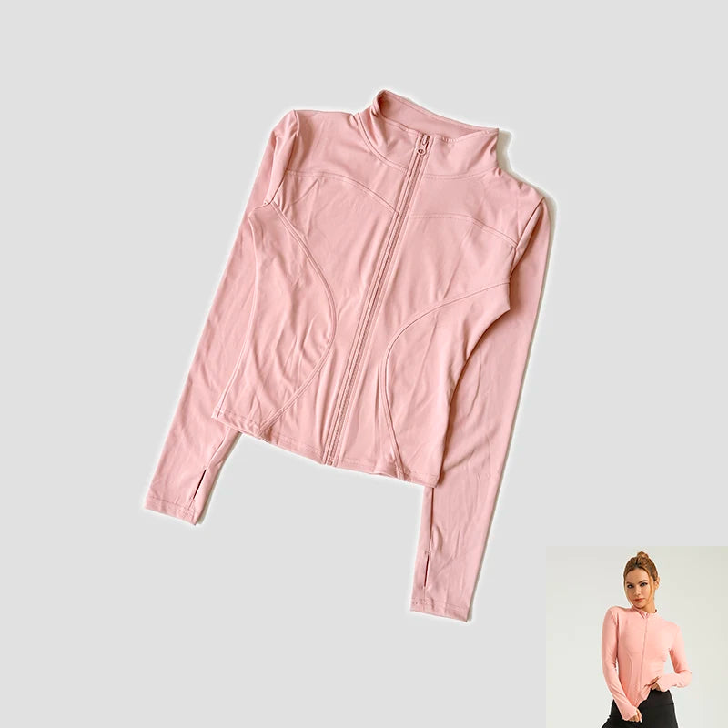 Long Sleeve Fitness Running Shirts For Women Stand Up Collar Gym Clothes Workout Dry Fit Breathable High Elastic Zipper Sports