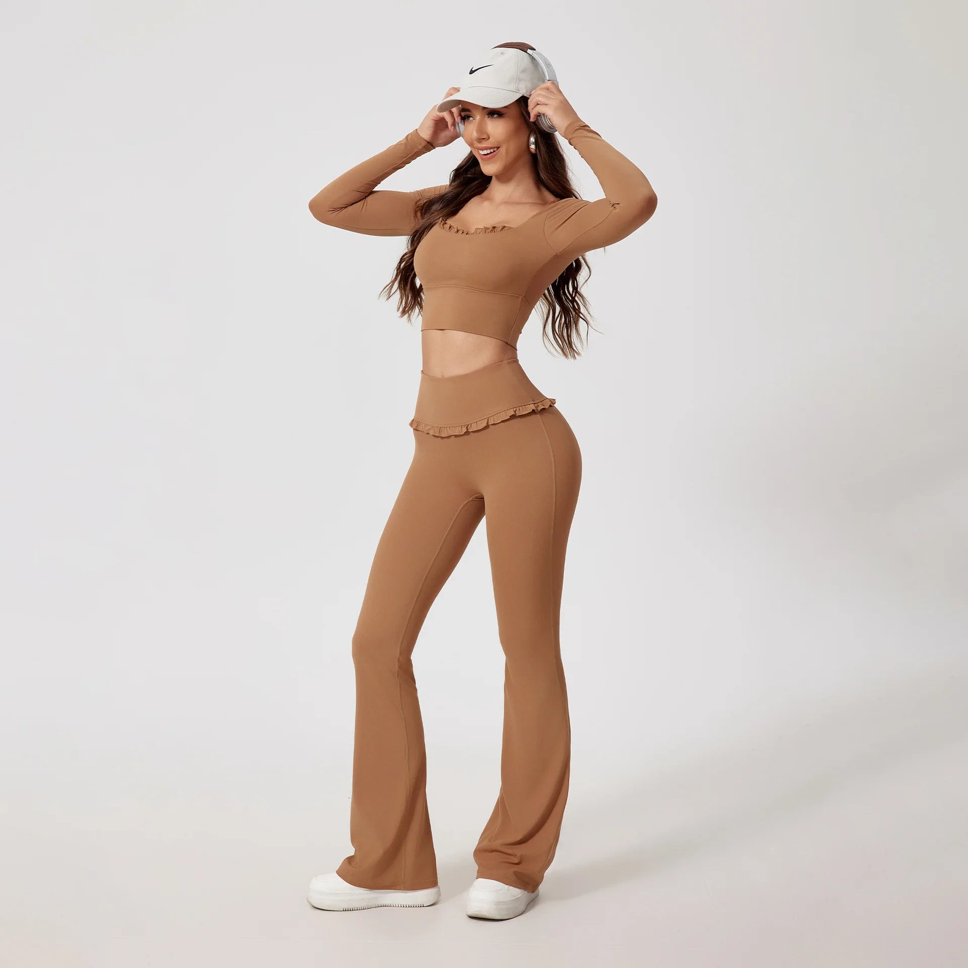 Fashion Ruffles Skinny Sport Flare Leggings Set Women 2 Piece Outfit Casual Long Sleeve Square Neck Suit for Fitness Gym Clothes