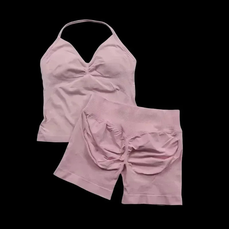 2 Pieces Women  Set Seamless Longline Strappy Tank Top Scrunch Sports Shorts Gym