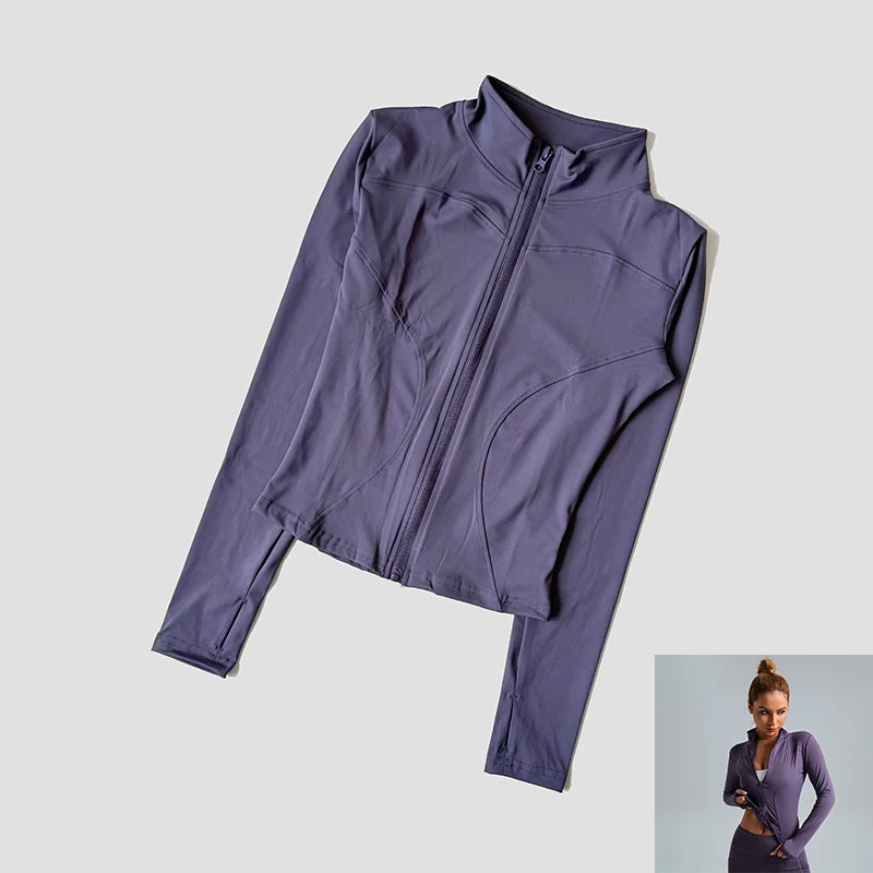 Long Sleeve Fitness Running Shirts For Women Stand Up Collar Gym Clothes Workout Dry Fit Breathable High Elastic Zipper Sports