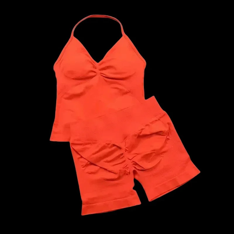 2 Pieces Women  Set Seamless Longline Strappy Tank Top Scrunch Sports Shorts Gym