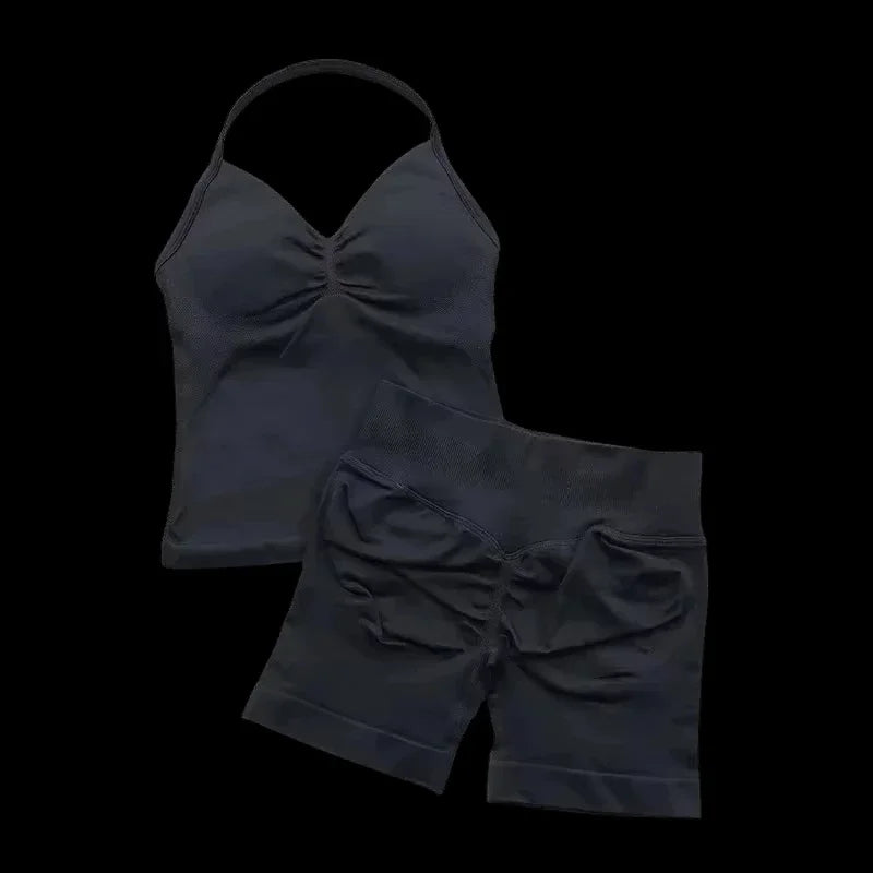 2 Pieces Women  Set Seamless Longline Strappy Tank Top Scrunch Sports Shorts Gym