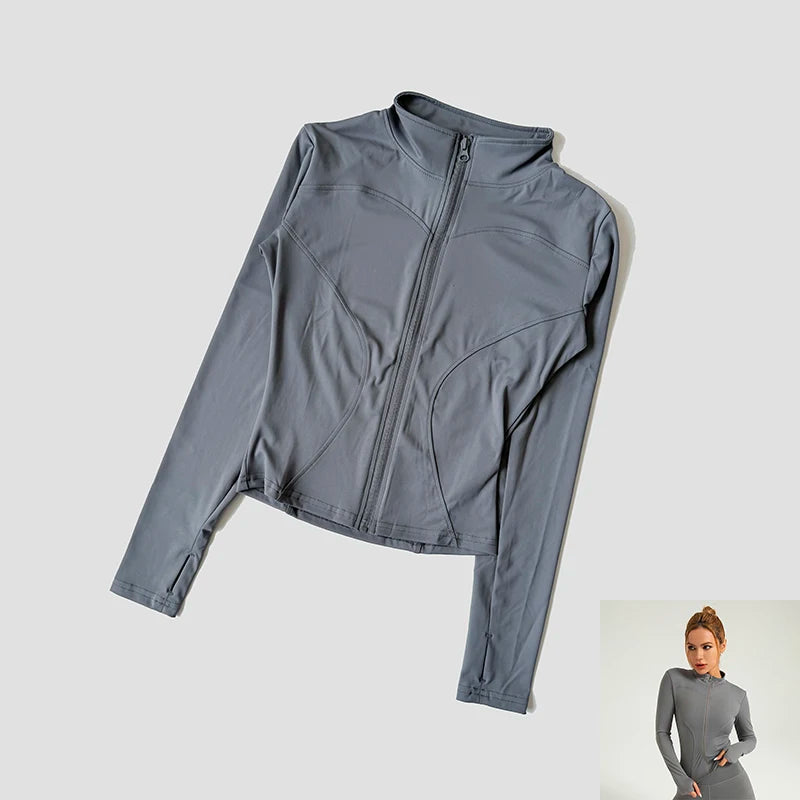 Long Sleeve Fitness Running Shirts For Women Stand Up Collar Gym Clothes Workout Dry Fit Breathable High Elastic Zipper Sports