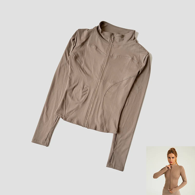 Long Sleeve Fitness Running Shirts For Women Stand Up Collar Gym Clothes Workout Dry Fit Breathable High Elastic Zipper Sports