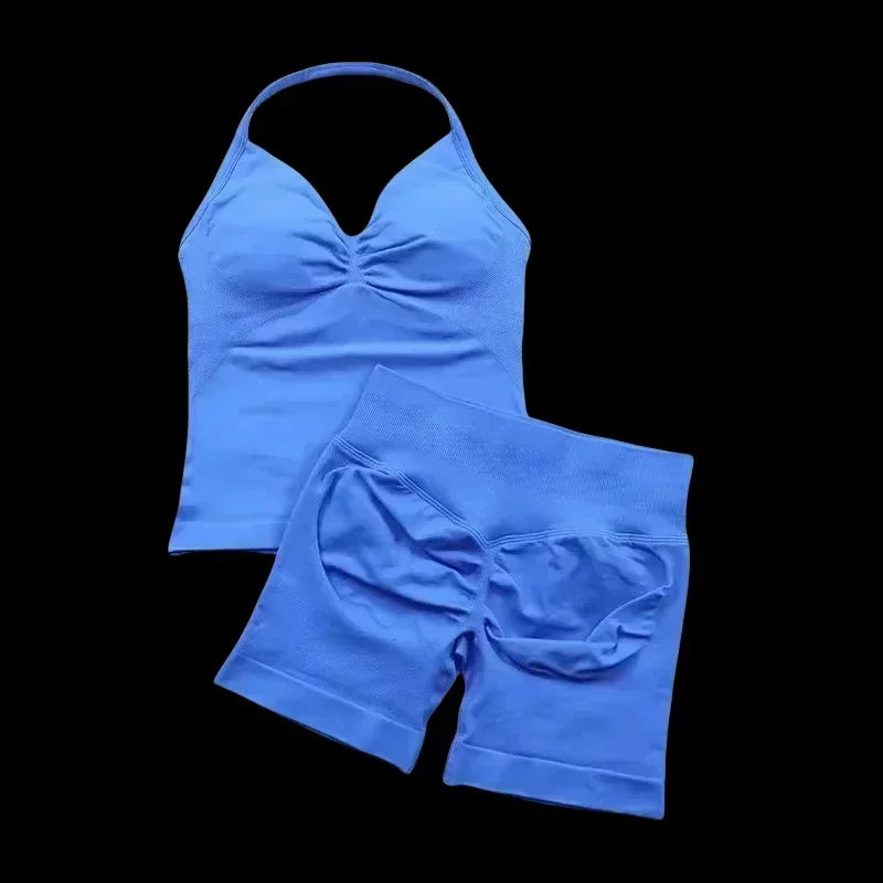 2 Pieces Women  Set Seamless Longline Strappy Tank Top Scrunch Sports Shorts Gym