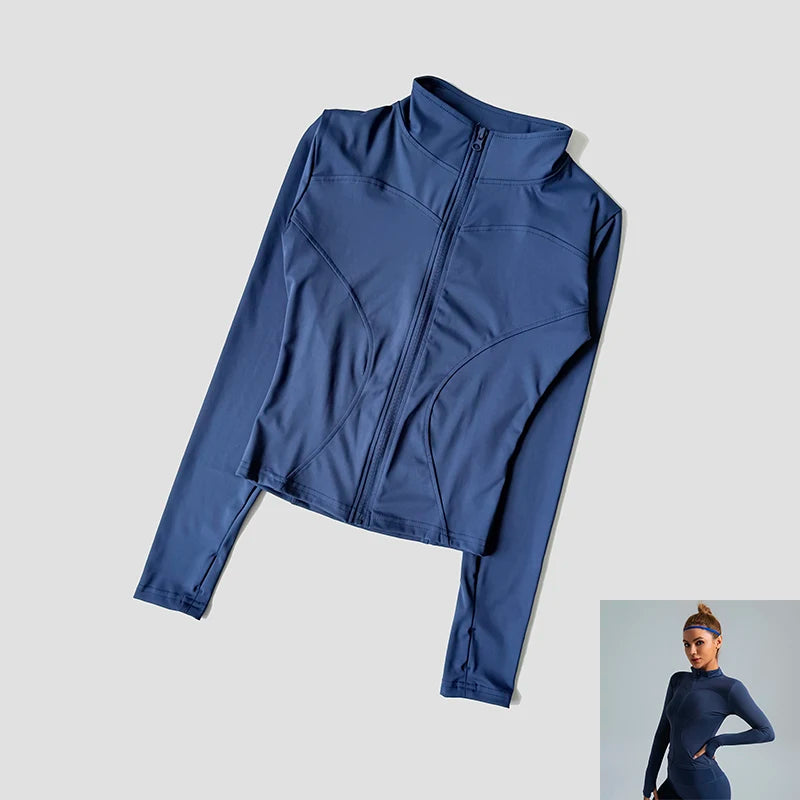 Long Sleeve Fitness Running Shirts For Women Stand Up Collar Gym Clothes Workout Dry Fit Breathable High Elastic Zipper Sports