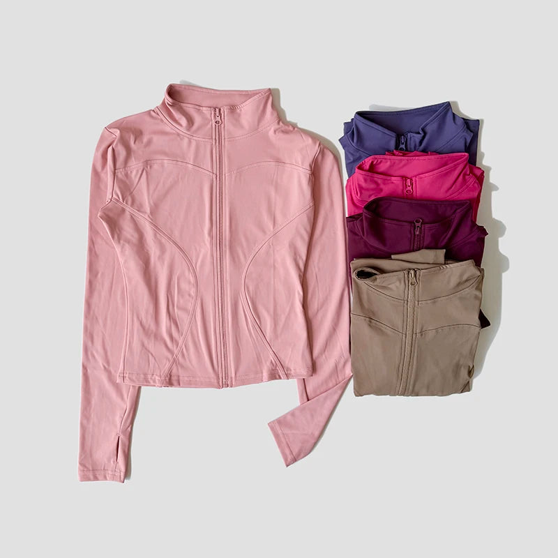 Long Sleeve Fitness Running Shirts For Women Stand Up Collar Gym Clothes Workout Dry Fit Breathable High Elastic Zipper Sports