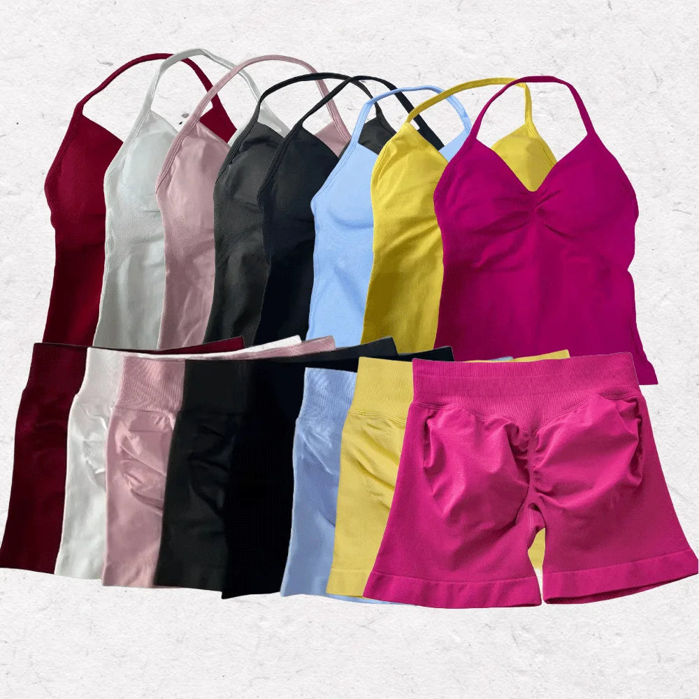 2 Pieces Women  Set Seamless Longline Strappy Tank Top Scrunch Sports Shorts Gym