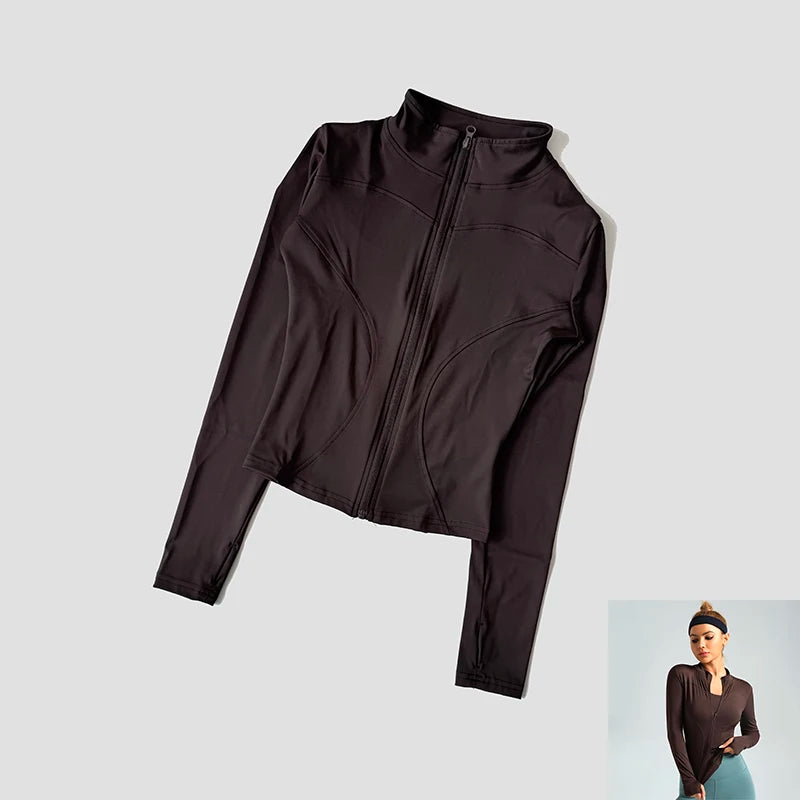 Long Sleeve Fitness Running Shirts For Women Stand Up Collar Gym Clothes Workout Dry Fit Breathable High Elastic Zipper Sports