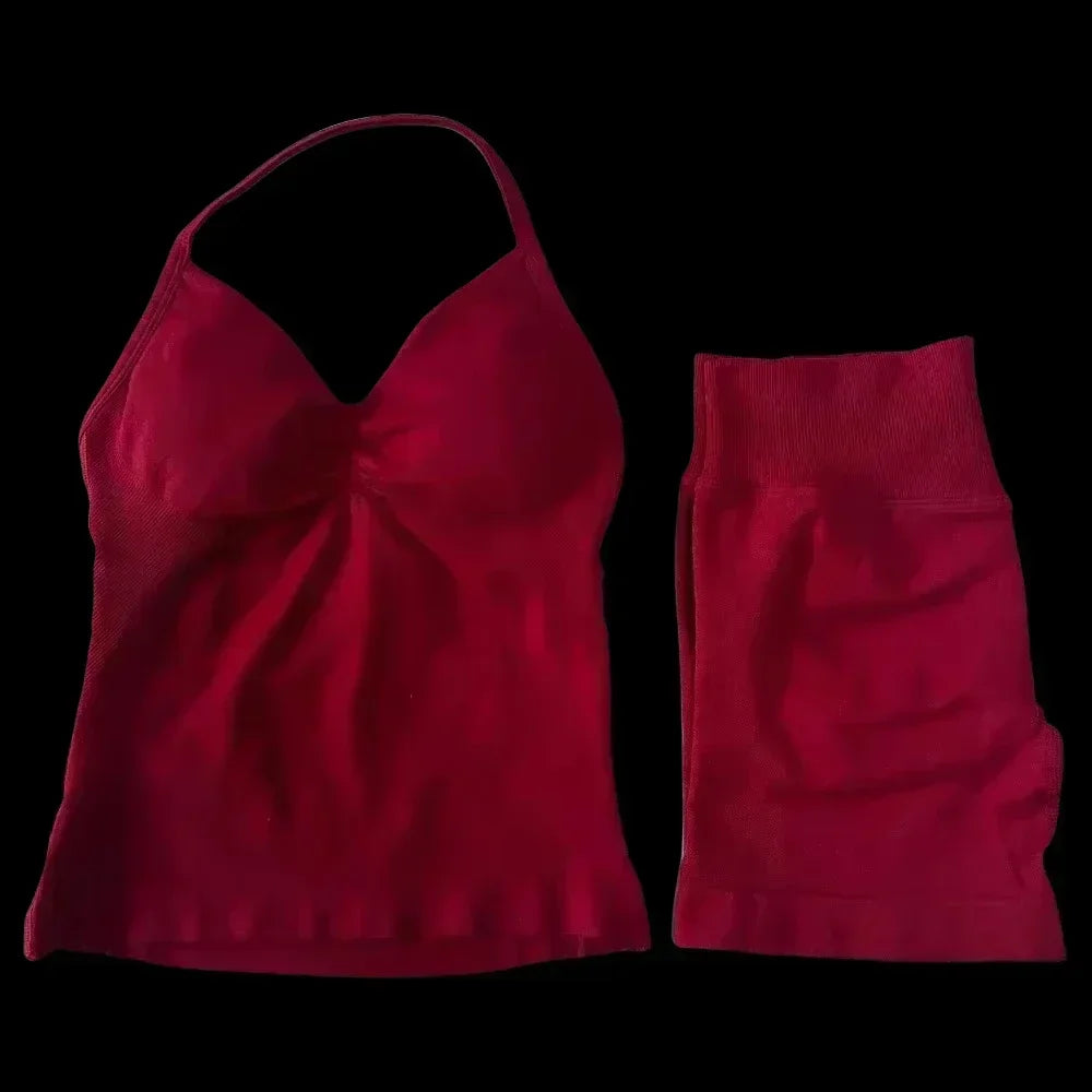 2 Pieces Women  Set Seamless Longline Strappy Tank Top Scrunch Sports Shorts Gym