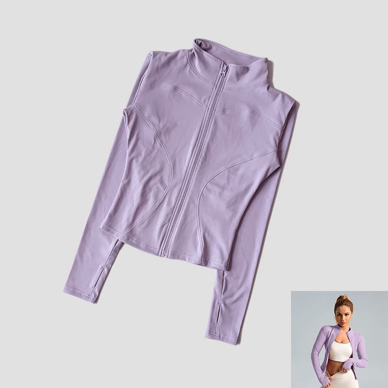 Long Sleeve Fitness Running Shirts For Women Stand Up Collar Gym Clothes Workout Dry Fit Breathable High Elastic Zipper Sports